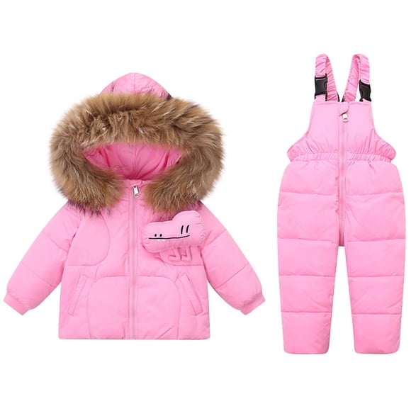 LMKIHUSA Toddler Kids Winter Snowsuits Fleece Thickened Thermal Skisuits Set Winter Hooded Puffer Jacket and Bib Pants Boy Girls Ski Suits 2025 Pink,1-2Years