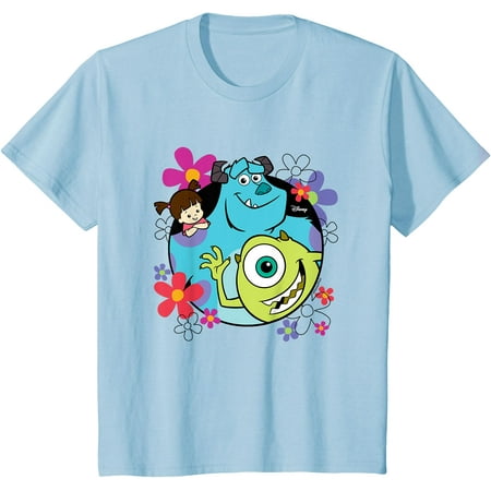 

Monsters Inc - Sully Mike Wazoski Boo Floral Circle Group Youth T-Shirt for Boy Girl Kids Toddler Light Blue Color Size 4T