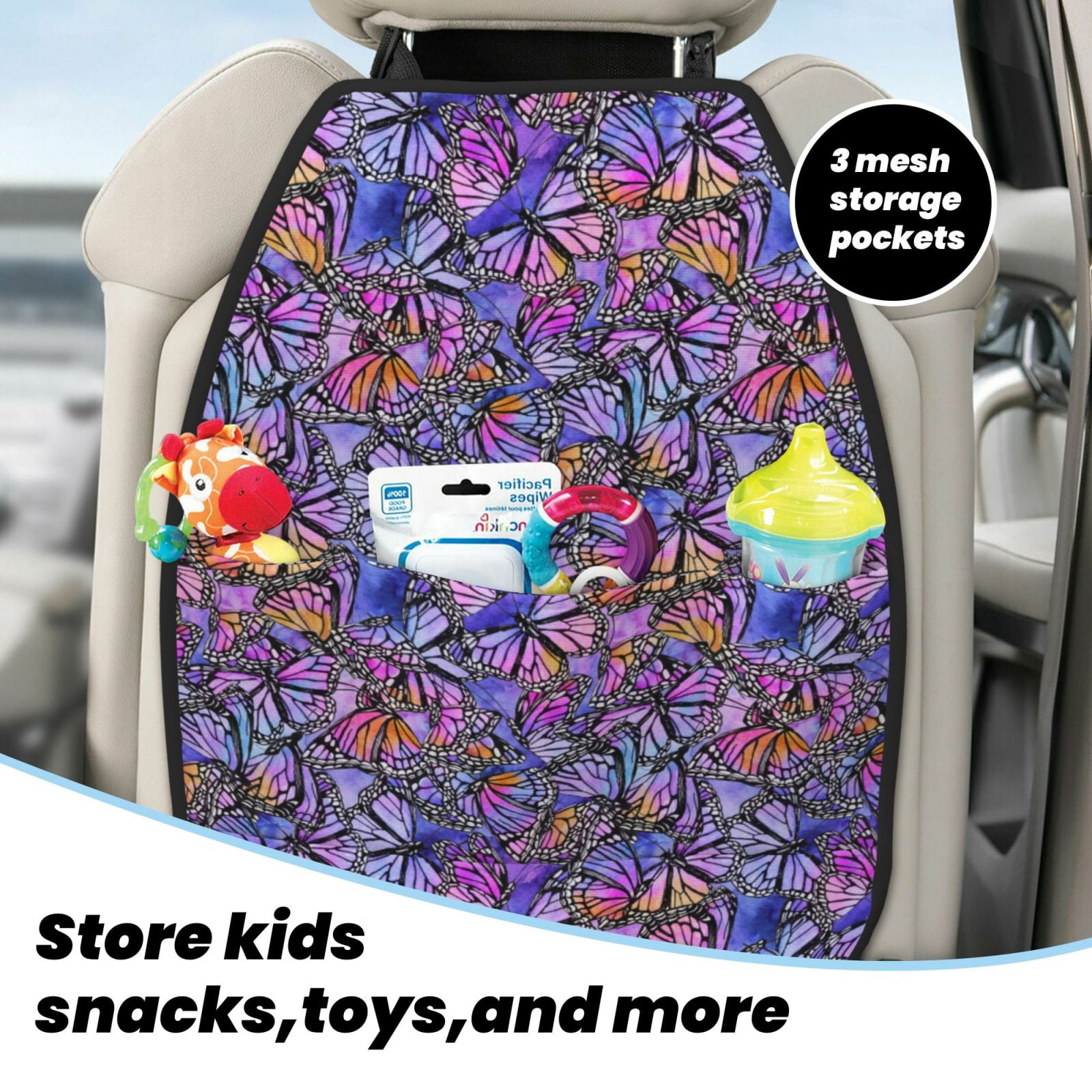 Xecao Watercolor Butterflies Pattern Car Seat Back Protector 2 Pack Large Capacity Pocket, Kick Mats Back Seat Protector