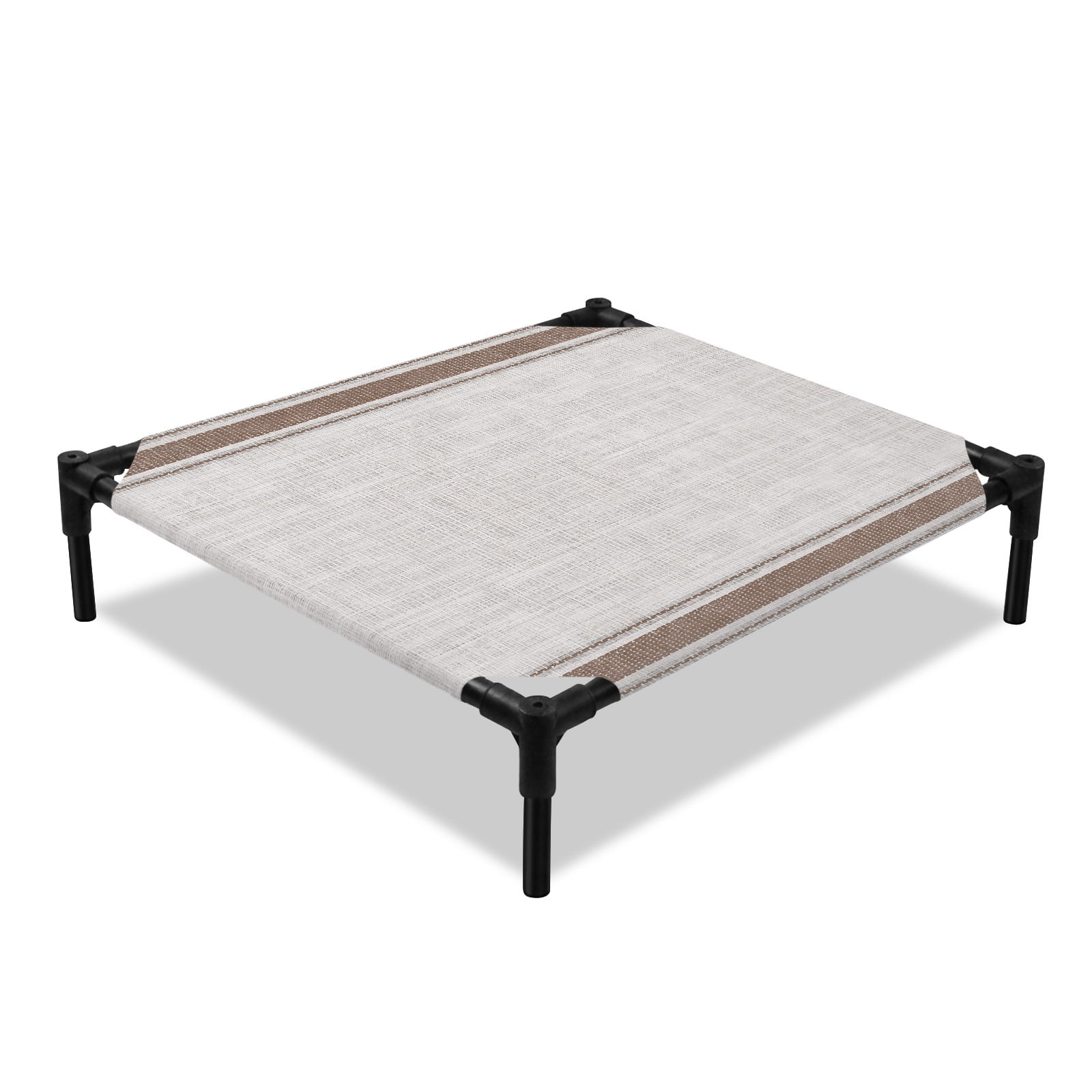 Horizontal Stripe Elevated Dog Bed Rustic Minimalist Brown Beige Linen Texture Cooling Breathable Outdoor Raised Dog Cot Bed with Metal Frame Non-Slip Feet for Small Dog 20x20in