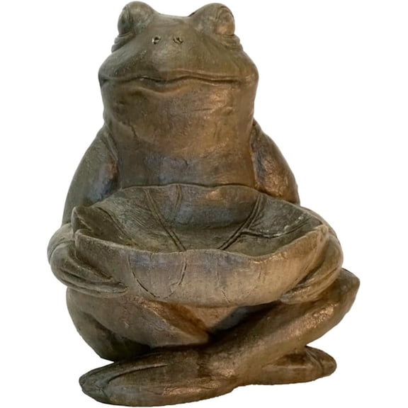 Solid Rock Stoneworks Frog Holding Lilypad Concrete Statue, 16" Tall, Aged Pine