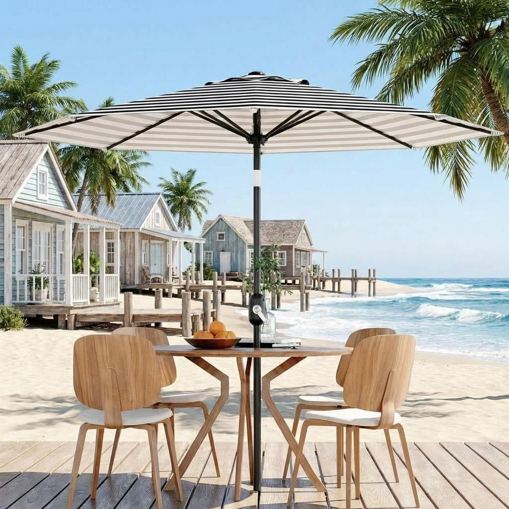 10FT Patio Umbrella for Outdoor Use – 8 Sturdy Ribs, UV Protection, Crank Lift & Push Button Tilt, Waterproof Market Parasol for Garden, Deck, Pool, or Yard – Black & White Stripes