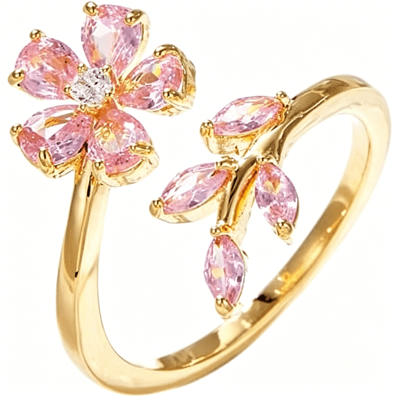DESIGNICE Delicate Flower Leaf Wrap Finger Ring for Women Pink Cubic Zirconia Crystal Floral Statement Ring Promise Engagement Rings Adjustable Open Band