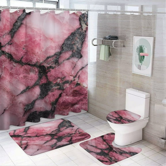 4 Pcs Marble Texture Shower Curtain Set with Non-Slip Rugs Bathroom Set Bathroom Carpet Bath Mat And Toilet Rugs
