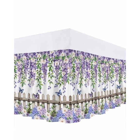 Purple White Floral Bed Skirt California King Size 16 Inch Drop, Spring Butterfly Lavender Green Leaf Wood Fence Adjustable Elastic Dust Ruffles Bedskirt Wrap Around Pleated Mattress Frame Cover