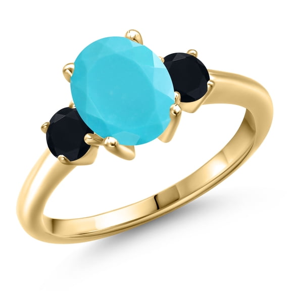 Gem Stone King 10K Yellow Gold Green Turquoise and Black Onyx Engagement Ring for Women | 1.94 Cttw | Oval 9X7MM | Gemstone Birthstone | Size 9