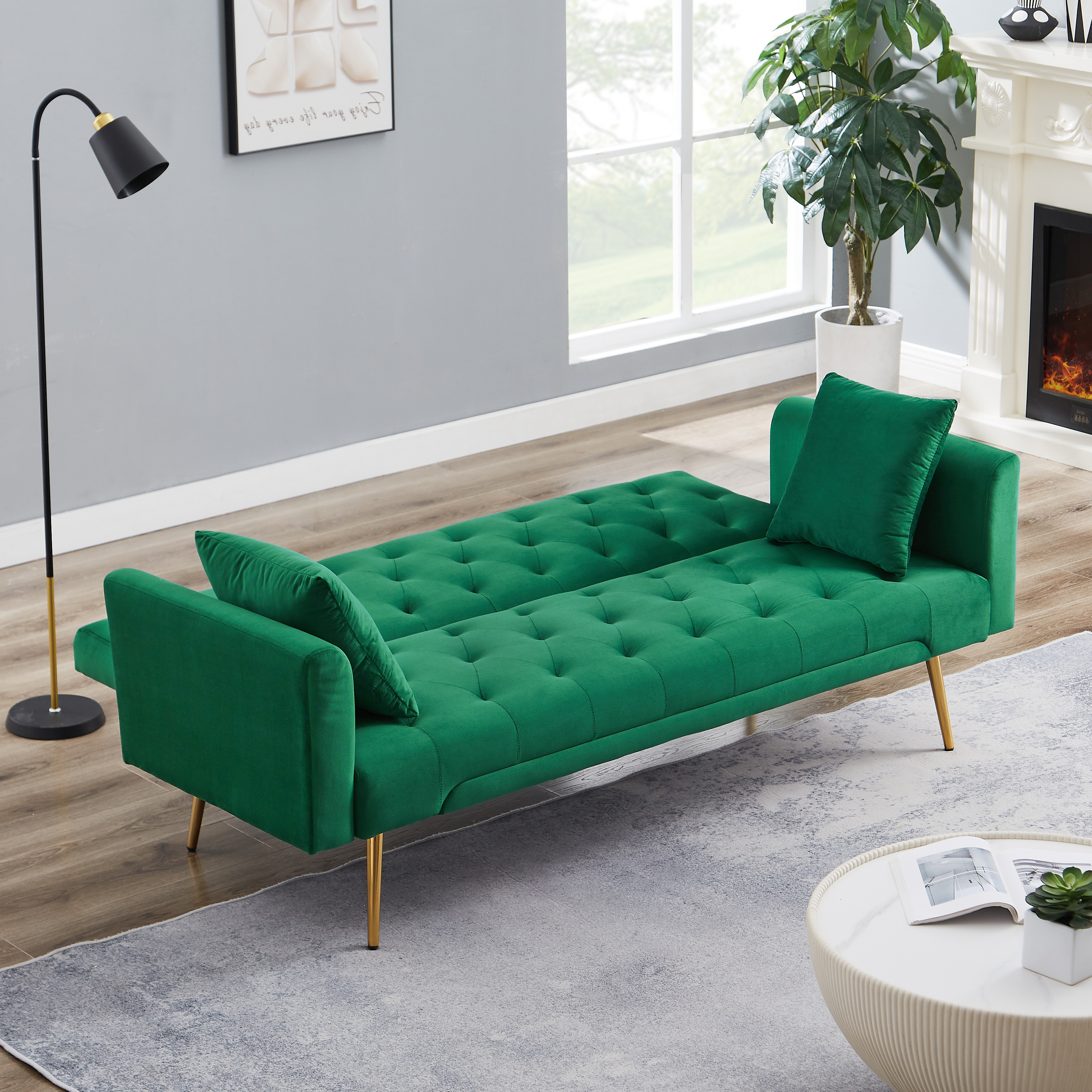 uhomepro Modern Sofa Bed, Convertible Sleeper Sofa with Metal Legs, 2 Pillows, Upholstery Fabric Futon Sofa Bed, Love Seat Living Room Bedroom Furniture for Small Space Office, Green - image 3 of 9