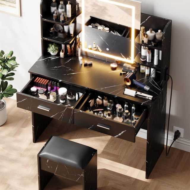 GloryStar Vanity Desk with Lighted Mirror, Makeup Vanity Set with Power Outlet, Cushioned Stool, Vanity Table with 6 Shelves, 2 Large Drawers, and 3 Color Light Adjustable Brightness