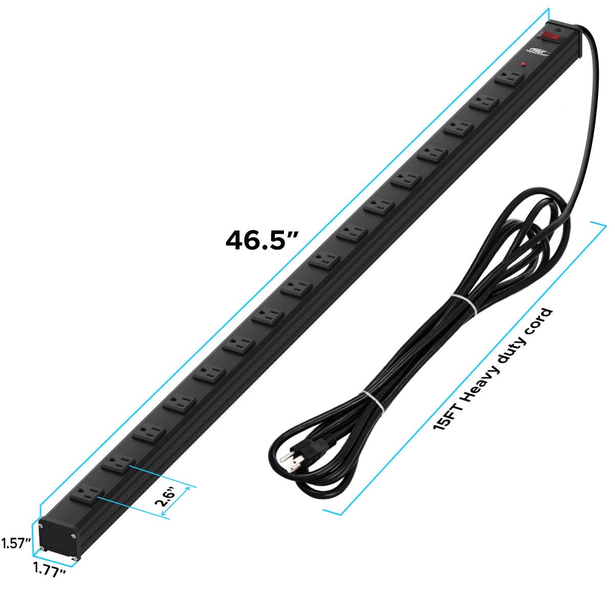 CRST Metal Heavy Duty Surge Protector, Wide Spaced 16 Outlets Power Strip with 15ft Long Extension Power Cord, 1800J