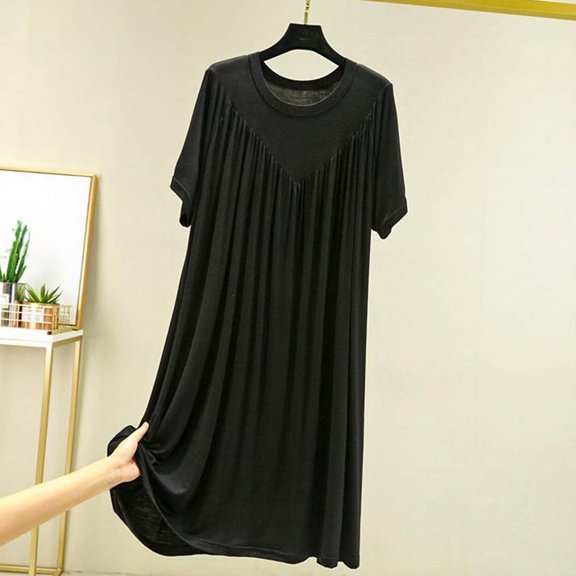 SOOMLON Plus Size Nightgowns for Women Pleated Sleep Dress Crew Neck Short Sleeve Maxi Dress Lightweight Solid Nighties