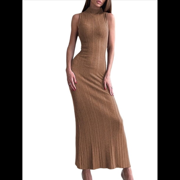 Vestido Informal de Punto Acanalado para Mujer, Sin Mangas, Ajustado, Elegante, para Salir A la Playa o Vacaciones. Caqui M