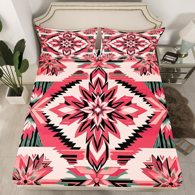 Erosebridal Drap-Housse Tribal Aztèque Simple, Ensemble de Literie Super Confortable 2 Pcs, Rouge Rose Noir (Sans Drap Plat)