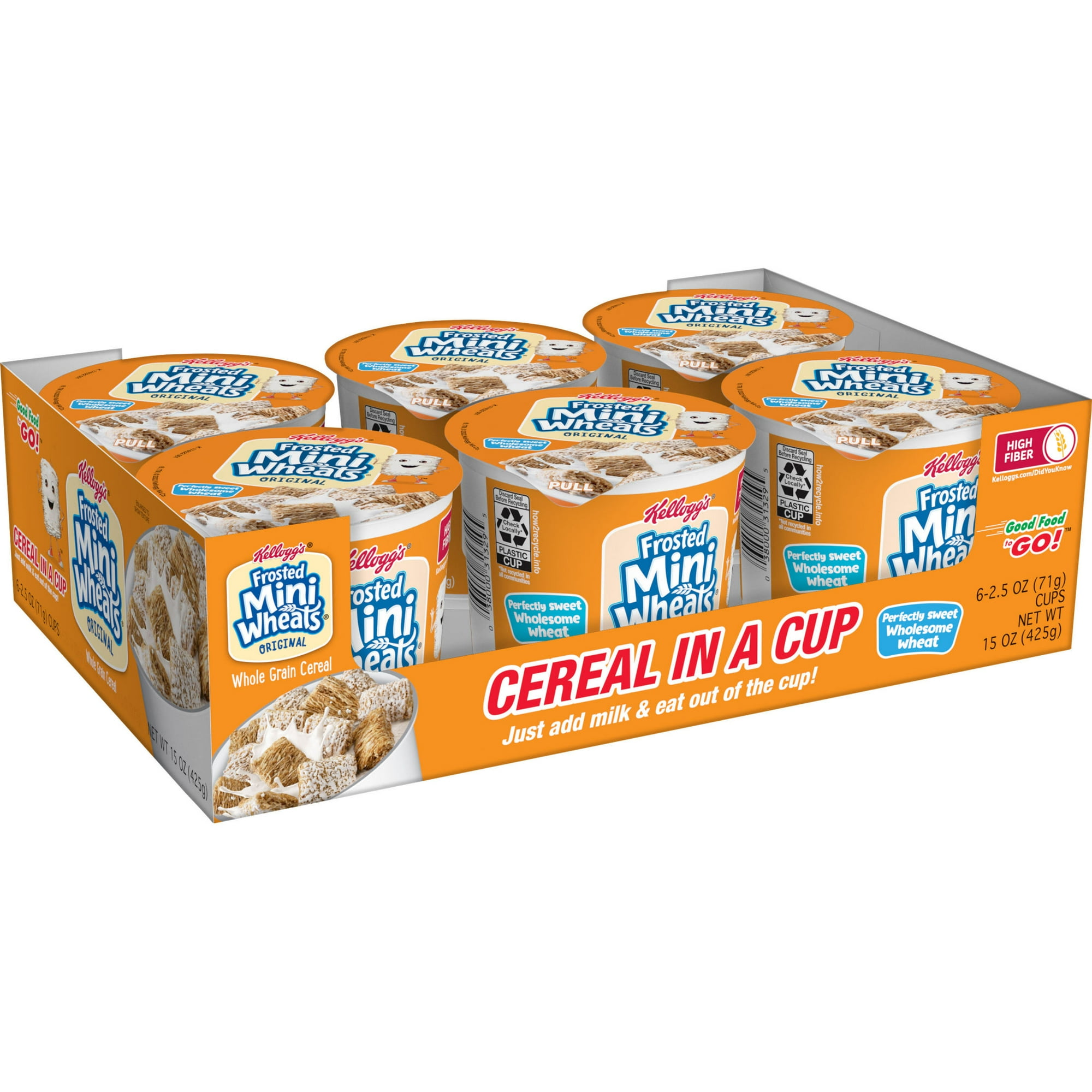 Kellogg's Frosted Mini-Wheats Breakfast Cereal Cups, High Fiber Cereal, Kids Snacks, Original, 15oz Tray (6 Cups)