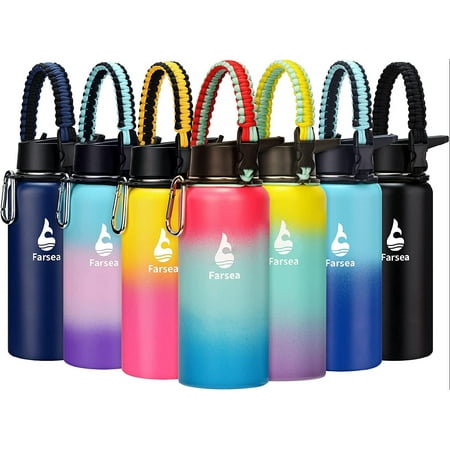 

Insulated Water Bottle with Straw Lid & Spout Lid & Paracord Handle Stainless Steel Water Bottle Wide Mouth Double Wall Sweat-Proof BPA-Free 32 oz Sunset Glow