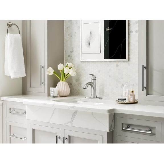 Wellton Spot Resist Brushed Nickel One Hole Single-Handle Bathroom Faucet with Optional Deck Plate and Drain Assembly, 84980SRN