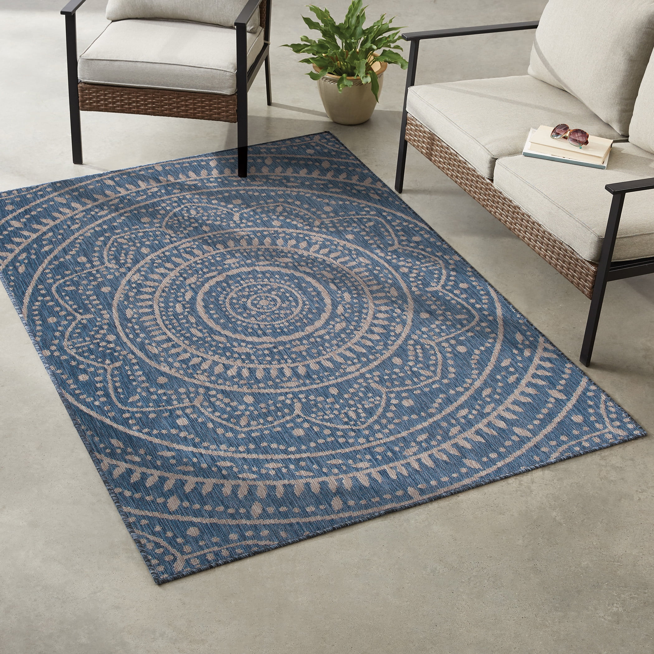 Mainstays Global Medallion Blue Polypropylene Outdoor Area Rug, 6'6"x9'6"