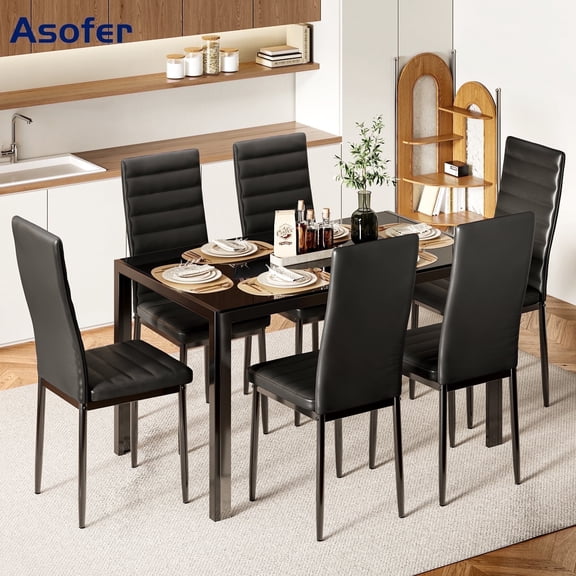 Asofer Modern 7-Piece Dining Set for 6, Tempered Glass Table & PU Leather Chairs, Space Saving Black Dinette for Kitchen & Apartment,Black
