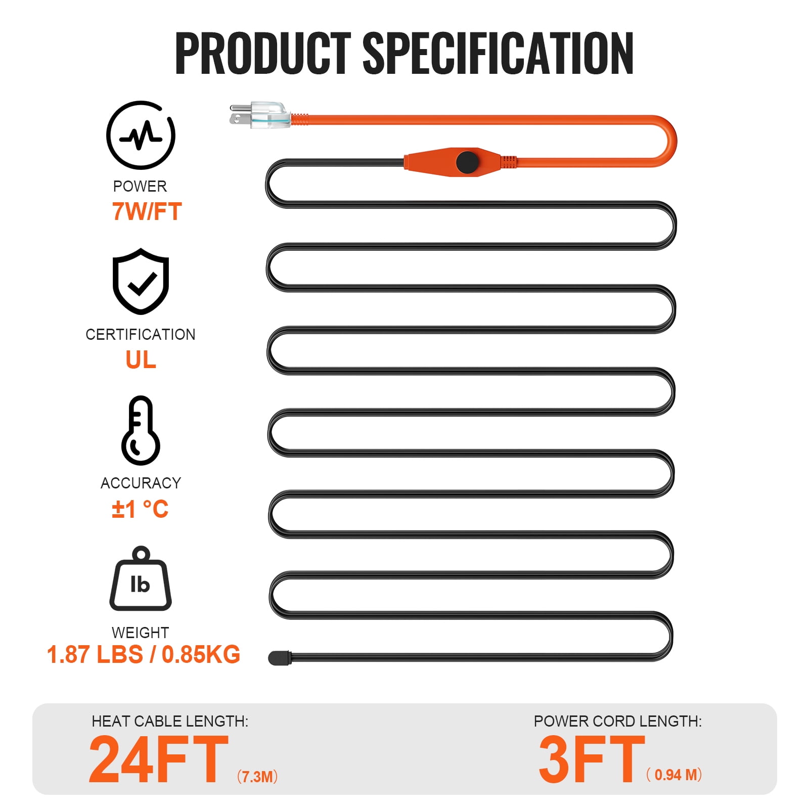 KFFKFF Pipe Warming Wire, 24FT 7W/FT Thermal Tape for Tubes with Integrated Temperature Control, Water Pipe Warming Wire Shields PVC Tube, Metallic and Synthetic Tubes from Ice Formation