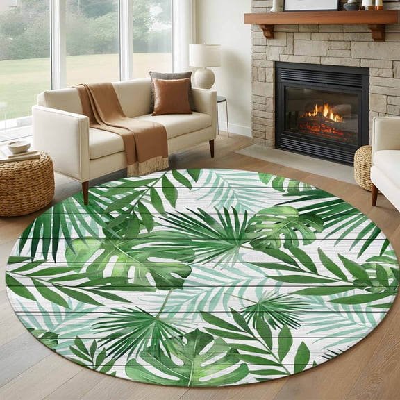 Monstera Leaves Round Area Rug 8Ft Washable Large Circle Rugs for Living Room Dorm, Summer Palm Leaf Botanical Wooden Grey Non-Slip Carpet Floor Mats Indoor Outdoor Carpet Runner Aesthetic Home Decor