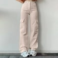 thumbnail image 2 of Women's Mid Waist Three Pocket Long Pants Casual Workwear Cargo Trousers Beige L Size, 2 of 6