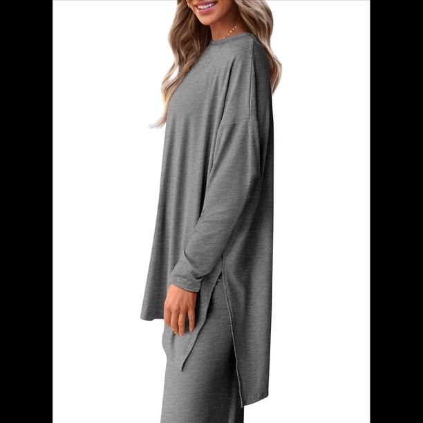 Conjuntos de Dos Piezas para Mujer, Camisetas de Larga A Juego, Pantalones Anchos y Chándales, Ropa de Otoño. Gris S
