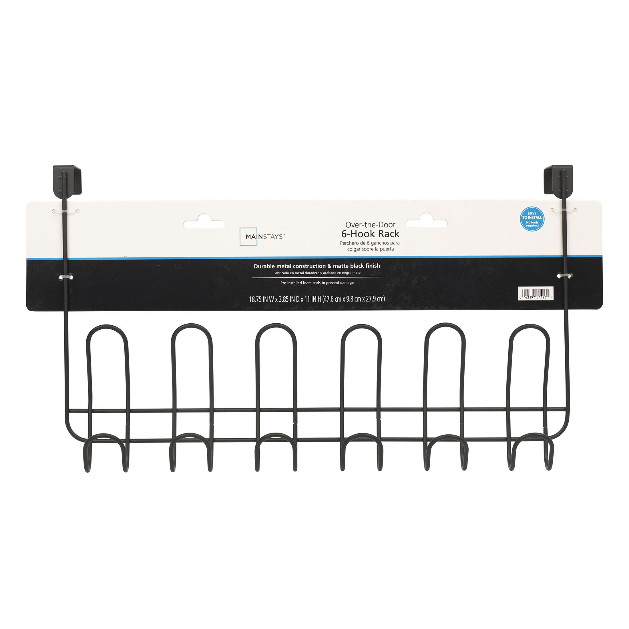 Mainstays Over-the-Door 6-Hook Rack, Hanging Storage for Towels, Robes, No Drilling, Matte Black