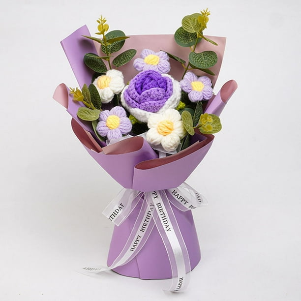 Ramo de flores de ganchillo, decoración de mesa de flores tejidas, regalo de boda decorativo, flor tejida para aniversario, esposa, abuela, mamá Púrpura
