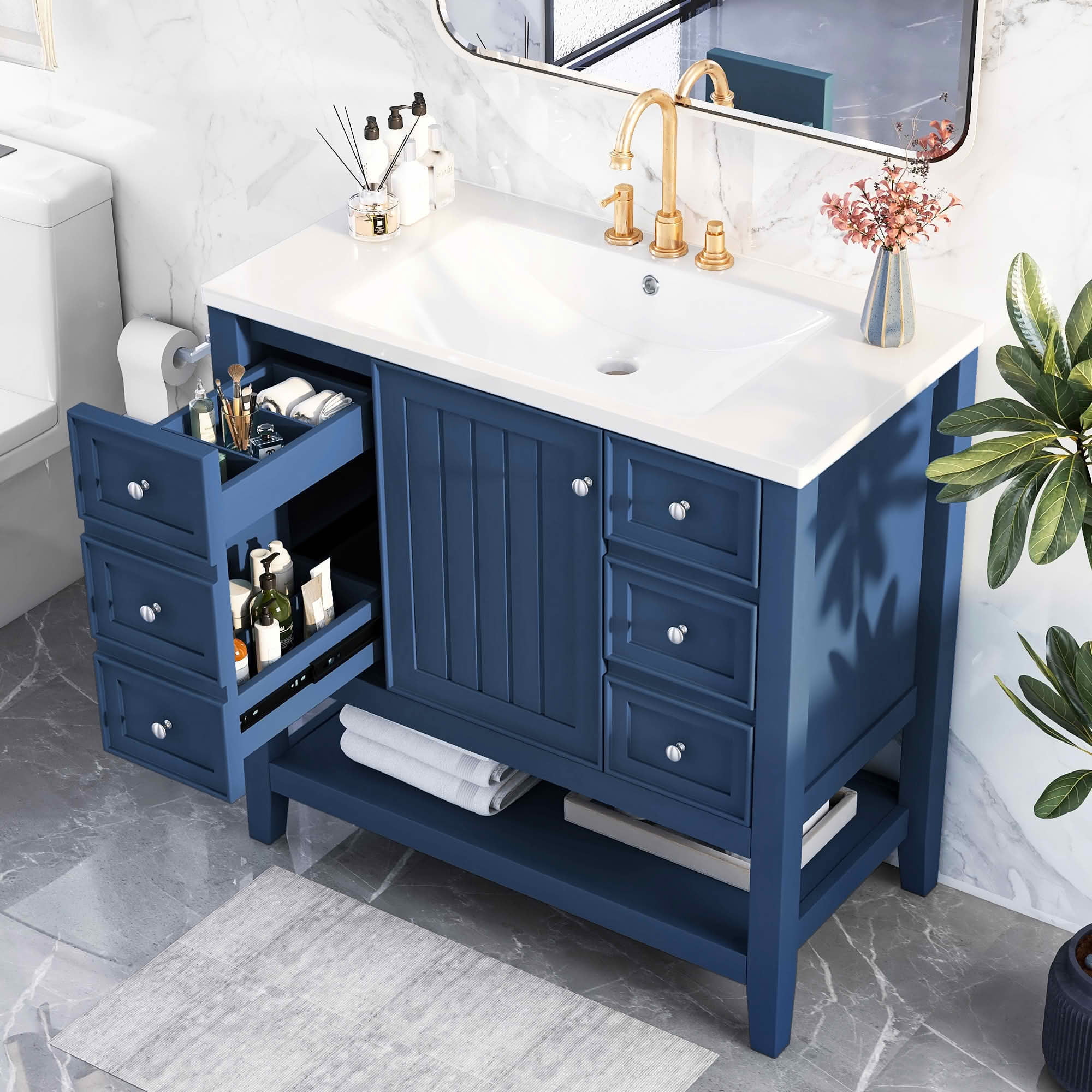 MAYEERTY 36" Bathroom Vanity with Sink 1 Cabinet 3 Drawers Solid Wood MDF Blue