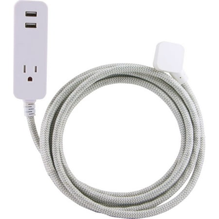 Cordinate Designer Extension Cord, 1-Outlet 2 USB Charging with Surge Protection, Gray, 10ft Cord and Flat Plug, 2.4A USB Charging PortsCharging, with Tamper Resistant Safety Outlets,