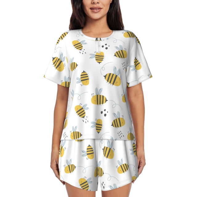 Balery Bee Conjunto de Pijama para Mujer con Estampado, Dos Piezas de Manga Corta y Shorts, Ropa de Dormir Suave con Cuello Redondo y Bolsillos-X-Large