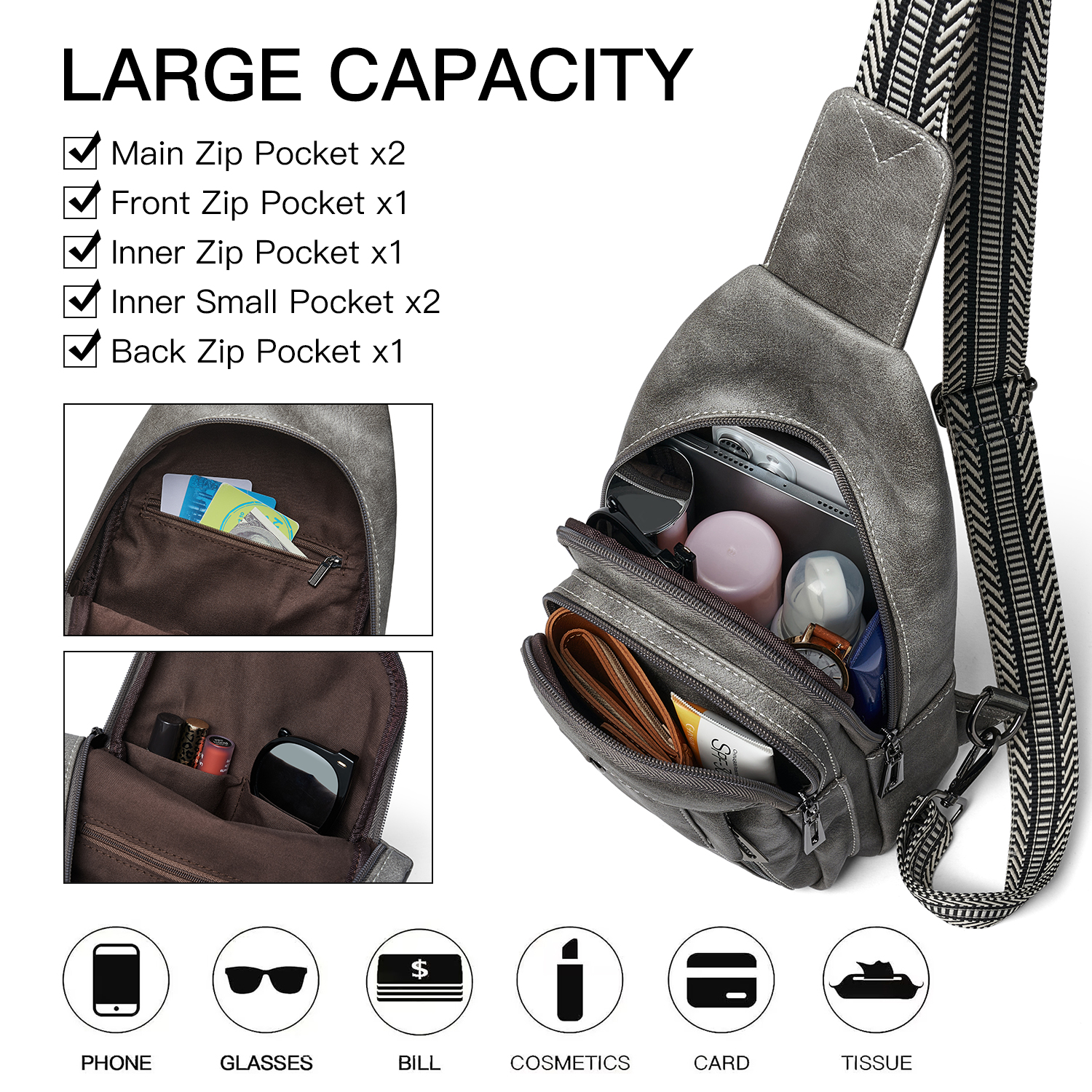 7L Sling Bag for Women & Men, Leather Anti-Theft Crossbody Backpack, Small Daypack Fanny Pack for Travel, Hiking, and Work