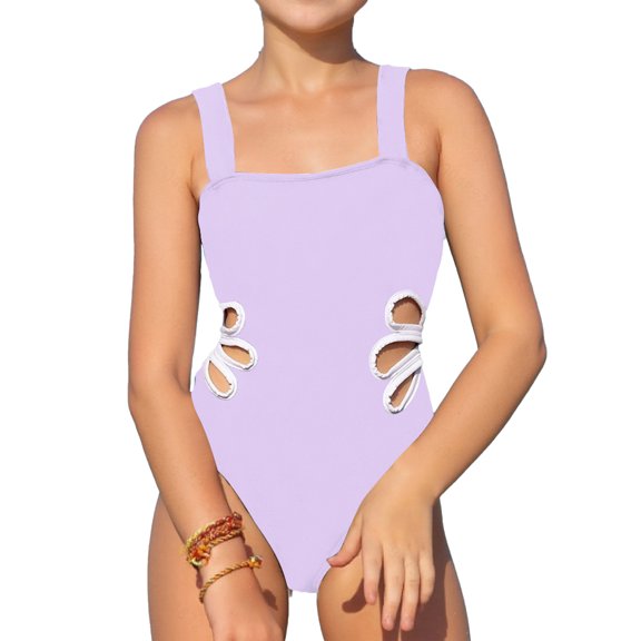 REDARER Girls UPF 50 One-Piece Swimsuit Cutout Lace-Up Square Neck Adjustable Straps,7-8 Years