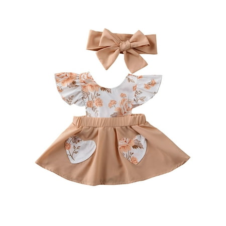 

JBEELATE Baby Girl Fly Sleeve Floral Print Suspender Romper Tutu Skirt+Headband