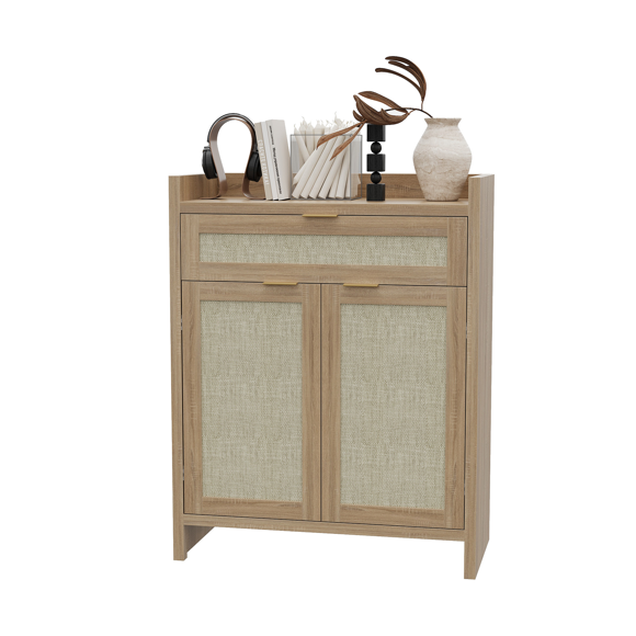 Farmhouse Rattan Shoe Cabinet, 32.4" Boho Entryway Storage with 5-Tier Adjustable Shelves & Doors, Wooden Shoe Organizer for Living Room, Hallway, Closet