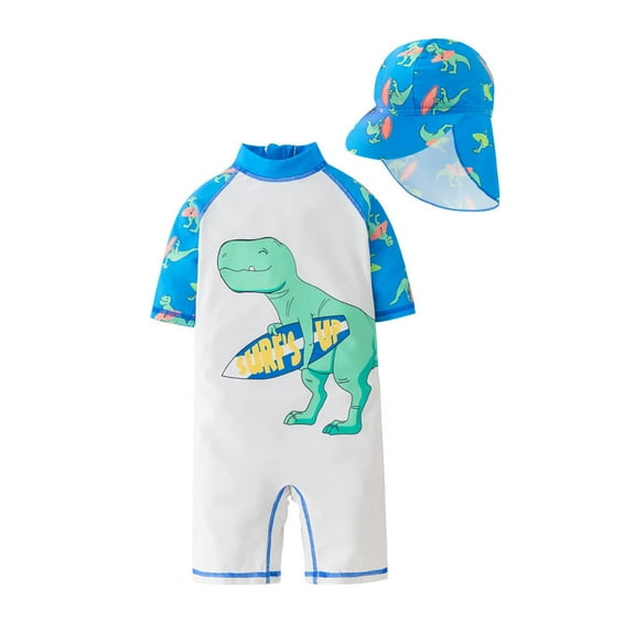 stylesilove Toddler Kid Boys Dino Print One-Piece Short Sleeve Zipper Rash Guard & Hat 2pcs Swimsuit Pool Beach Bathing Suit (2T) White
