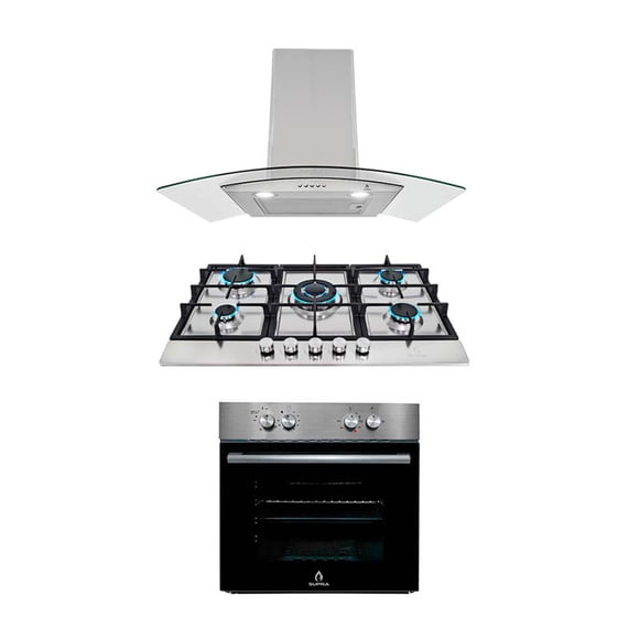 Tricombo de Cocina Supra Barsini: Parrilla de Gas 5 Quemadores 76 cm Acero Inoxidable + Campana de Pared Cristal Curvo Acero CC-76 + Horno de Empotrar Mixto Weller Acero