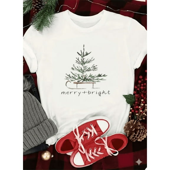 Merry And Bright Tree Unisex T-Shirt Minimalist Christmas Holiday Design up to size 5XL