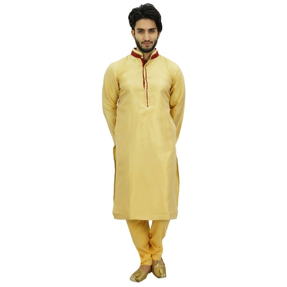 Atasi Classic Beige Men's Dupion Kurta Pyjama Party Wear Designer Shirt-M