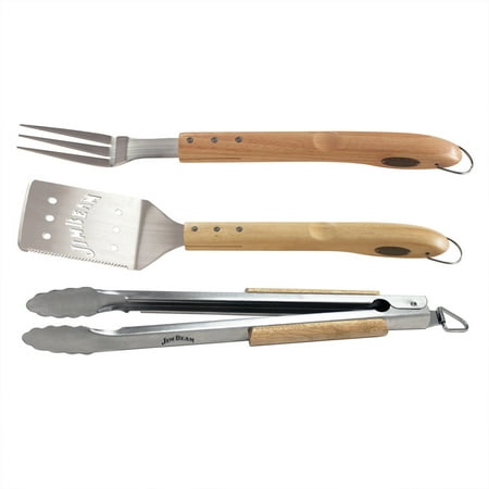 Jim Beam 3-Piece Grilling/Barbecue Tool Set with Wooden Handles Includes - Spatula, Fork and Tongs for Outdoor
