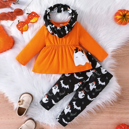 

Yiwula Girls Boys Long Sleeve Cartoon Prints Tops Long Pants Headband Outfits