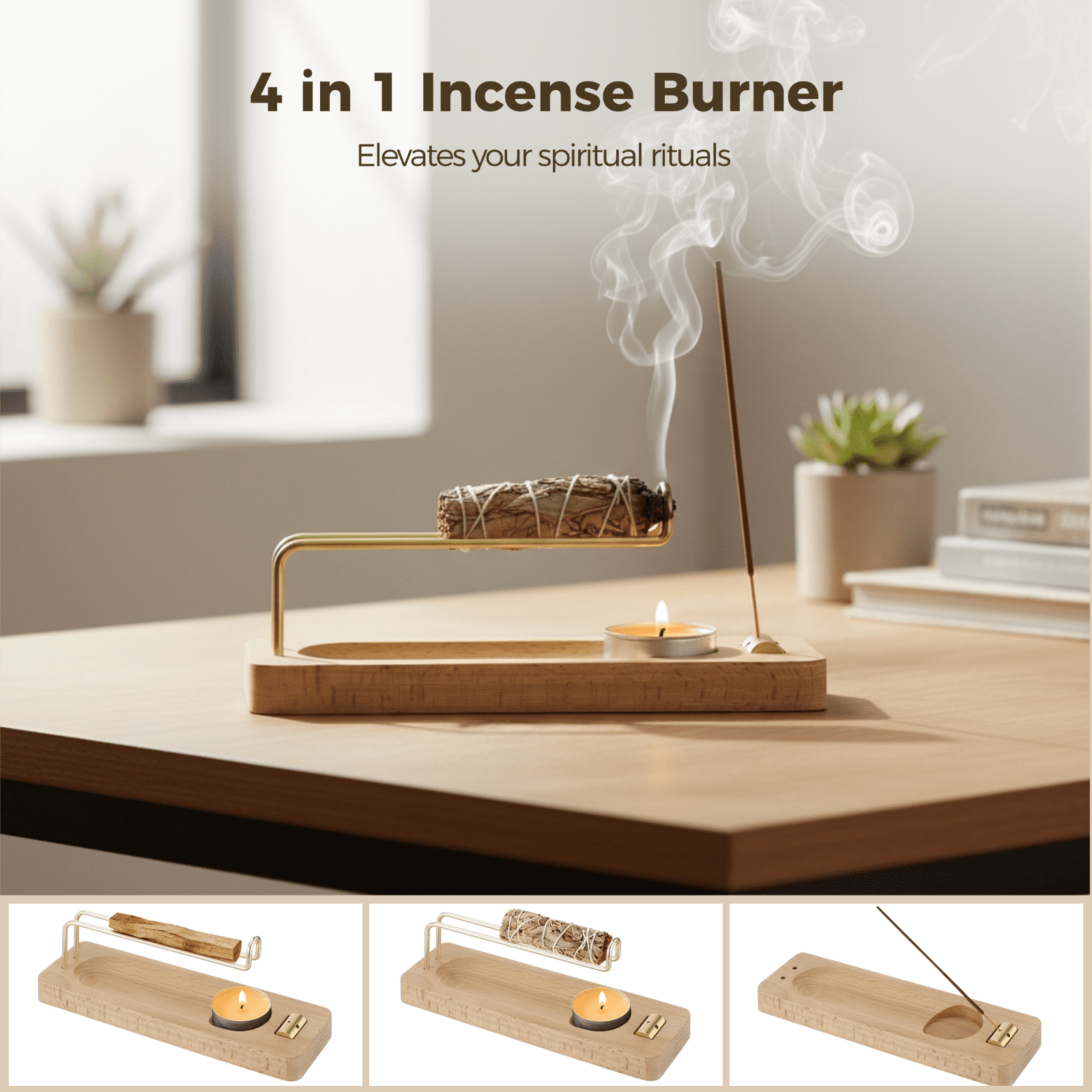 4 in 1 Incense Burner, Metal Stick Holder with Ash Catcher, Solid Wood Base for Holy Wood, Sage Sticks, Incense Sticks & Candles, Ideal for Yoga Meditation, Home Aromatherapy & Housewarming Gift