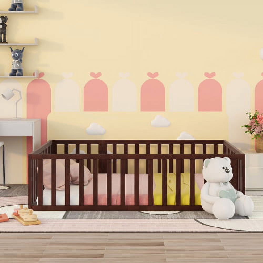 Queen Size Floor Bed for Kids, Wood Queen Montessori Bed Frame with Fence Guardrails and & Support Slats, Queen Playhouse Bed with Door Design, Kids Fence Bed Playpen Bed for Boys ,Girls, Walnut