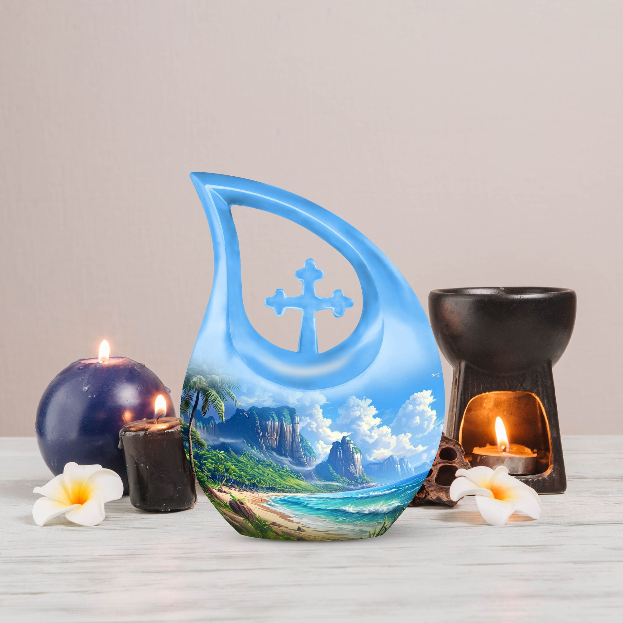 MUKTIVE Combo Sets (1 Large 10 ", 4 Keepsake 3 ") Beach,themed Cremation Urn for Human Ashes, Decorative Funeral & Burial Urn for Adults, Memorial Gift for Grandfather & Grandmother