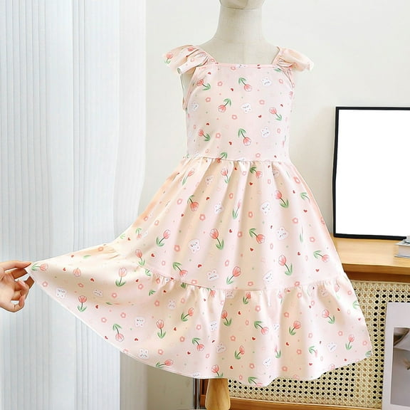 THDHVS Girls Summer Dresses, Dresses for Kids, Kid's Girls Floral Princess Thin Suspender Small Fresh forest Style Casual Beige 10-11 Years