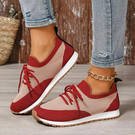 

WNG Ladies Fashion Color Blocking Breathable Knitted Lace Up Flat Bottomed Casual Sports Shoes