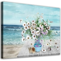 Flowers Wall Art Bathroom Canvas Wall Decor Ocean Beach Canvas Pictures White Daisy Floral in Vase Artwork Conch Coastal Seascape Painting for Living Room Bedroom Office Decor 12x16