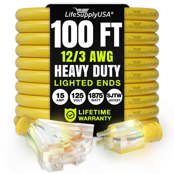 Outdoor/Indoor Extension Cord 3-Outlet Heavy Duty 3 Prong SJTW, Waterproof, Flexible Cold-Resistant Long Power Cord by LifeSupplyUSA