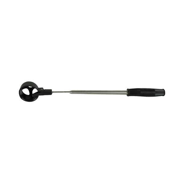 Recogedor de pelotas telescópico de acero inoxidable con mango antideslizante y pala con bloqueo automático.