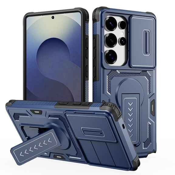 Heavy Duty Case for Samsung Galaxy S25 Ultra, Military Grade Dual Layer Hybrid Cushioning Rubber PC Case with Sliding Camera Cover, Built-in Stand Rugged Cover for Galaxy S25 Ultra - Blue