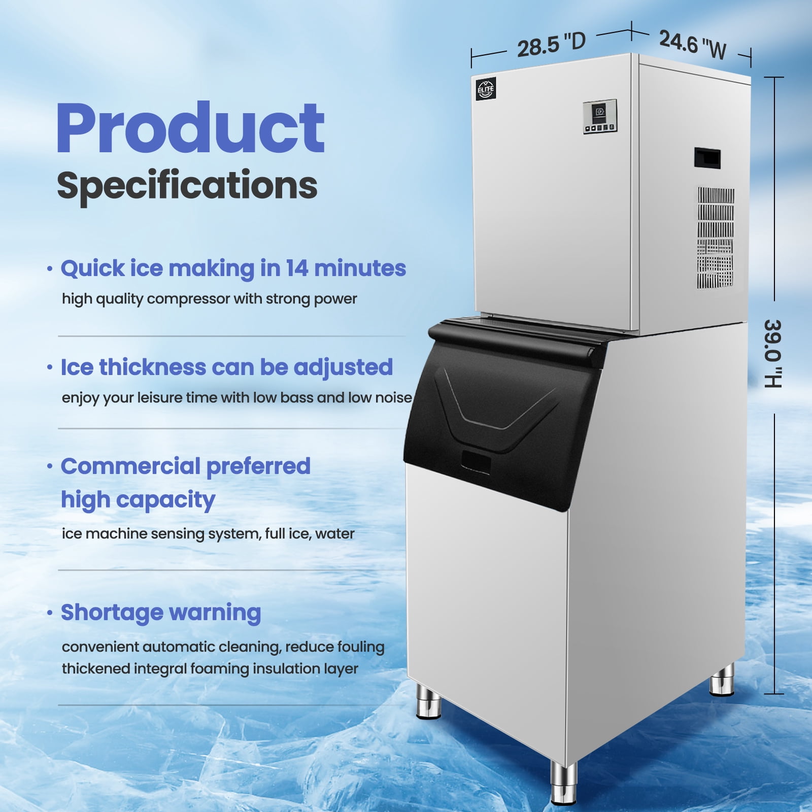 NSF 660 Lb. Daily Production Cube Ice Freestanding Ice Maker, Built-In Ice Maker, Commercial Ice Machine